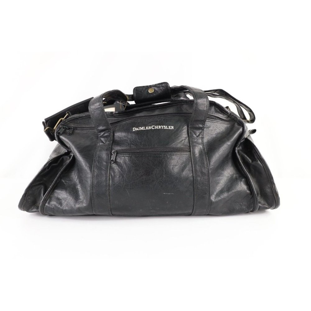 Vintage 90s Daimler Chrysler Distressed Spell Out Handled Leather Duffel Bag